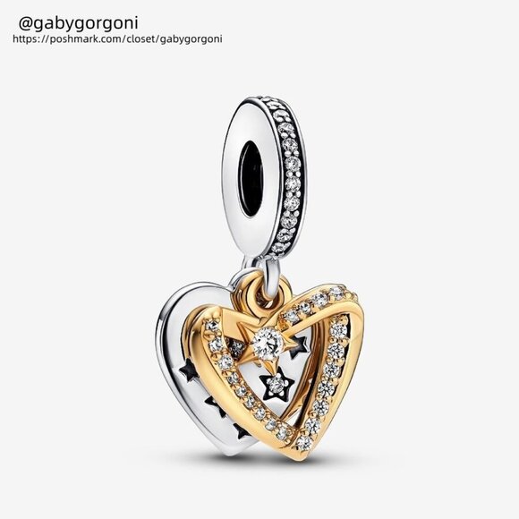Pandora Shooting Star Hearts Double Dangle Charm|Two-tone - Picture 1 of 2